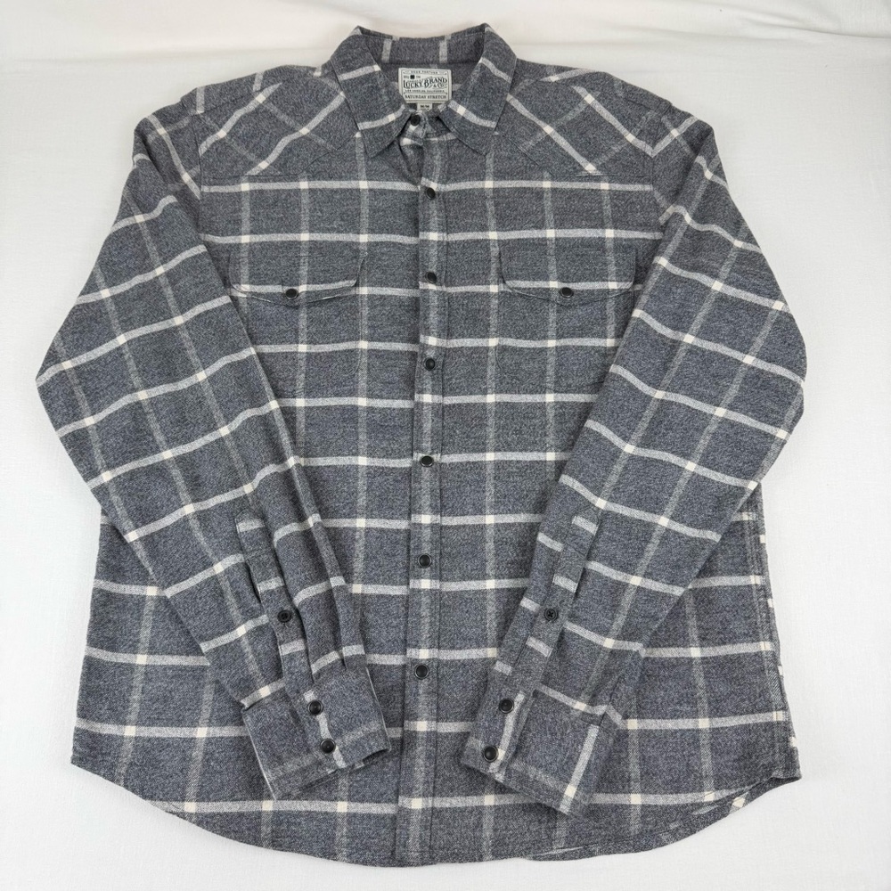 Lucky Brand Pearl Snap‎ Saturday Stretch Flannel Button Down Men's Medium Gray